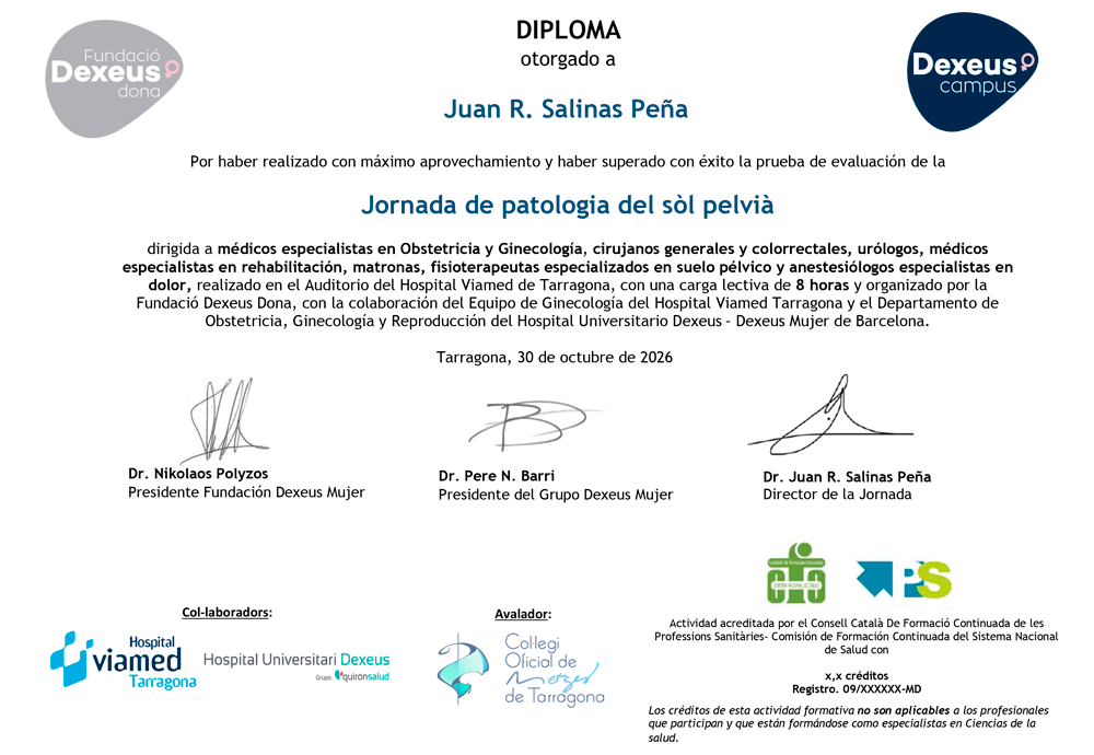 1a Jornada de patologia del sòl pelvià de la província de Tarragona - Certificació